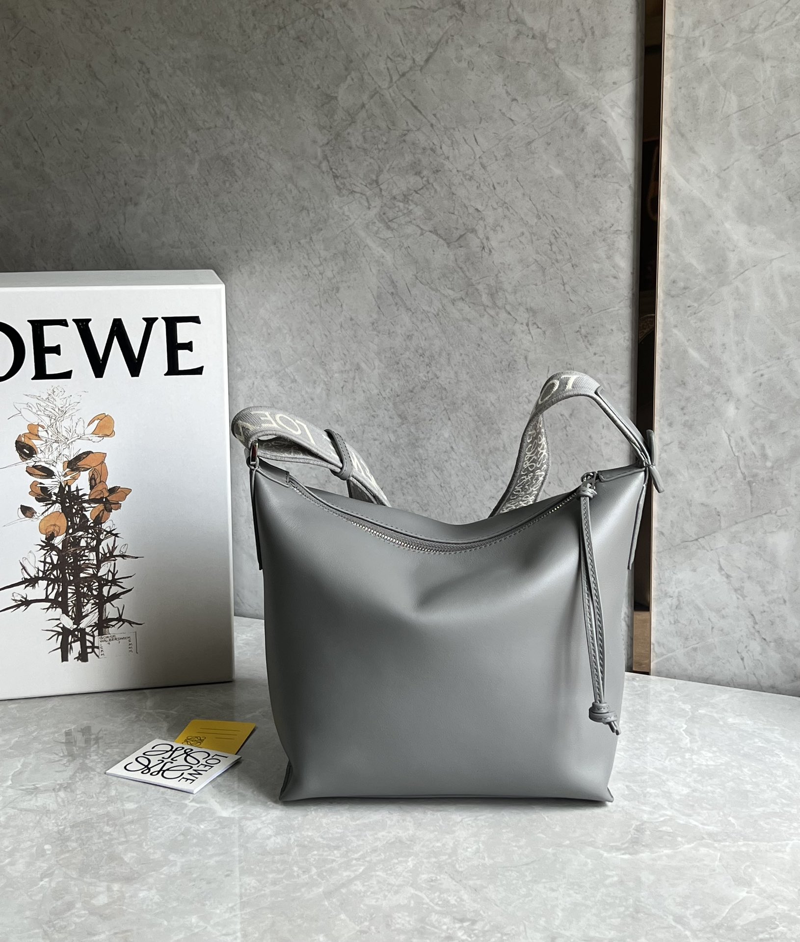 Loewe Small Cubi Crossbody Bag in Supple Smooth Calfskin and Jacquard Asphalt Grey